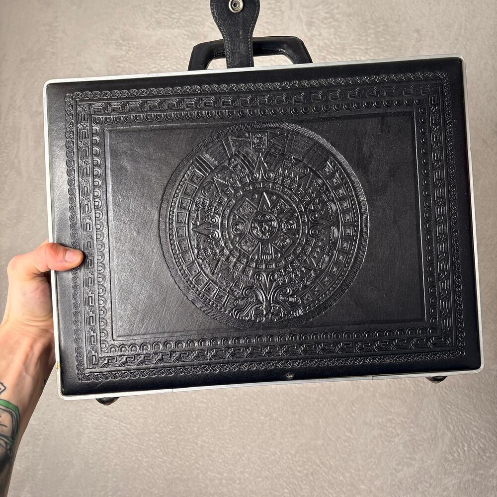 Vintage Hand-Tooled Leather Briefcase / Attache Case – Aztec Calendar Design